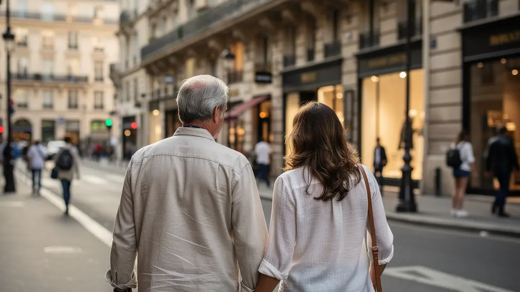 Couple de voyageurs européens découvrant une avenue du 8ème arrondissement de Paris à pied