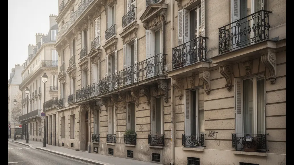 Façade haussmannienne élégante du 8ème arrondissement de Paris avec balcons en fer forgé
