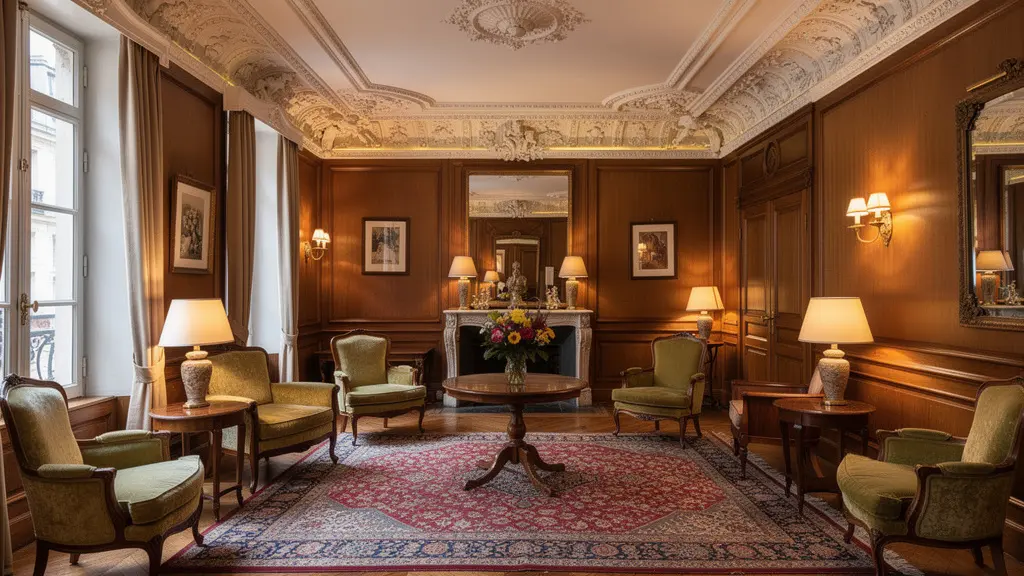 Hall d'entrée d'un hôtel parisien de charme avec décor historique et atmosphère chaleureuse
