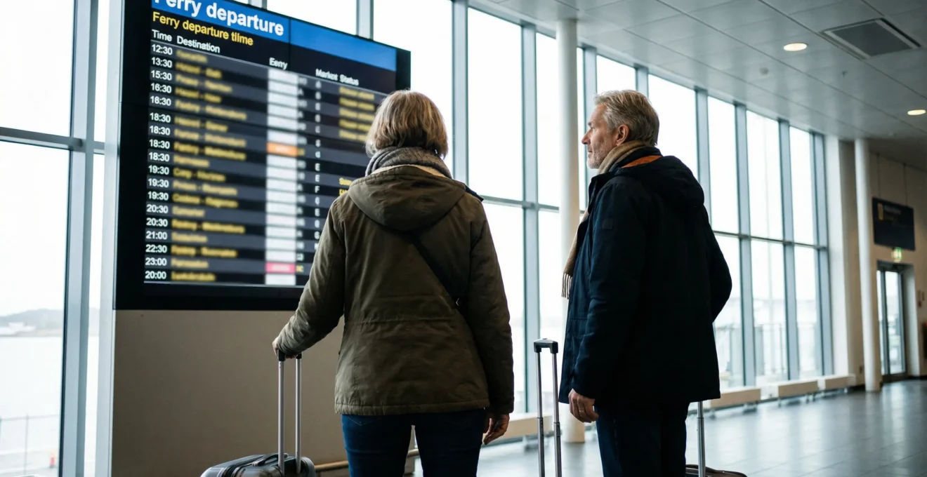 Couple quinquagénaire consultant le panneau d'affichage des départs ferry dans un terminal maritime