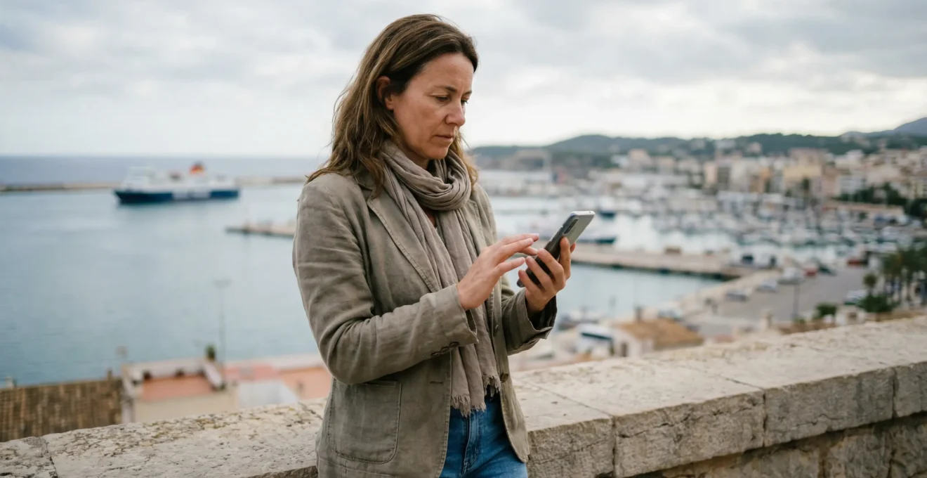 Femme utilisant l'application mobile de réservation ferry avec vue sur le port en arrière-plan