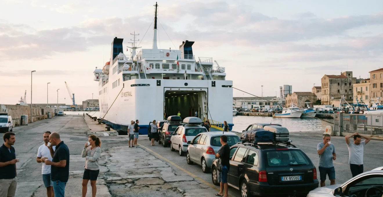 Ferry blanc à quai dans un port méditerranéen avec file de véhicules attendant l'embarquement basse saison