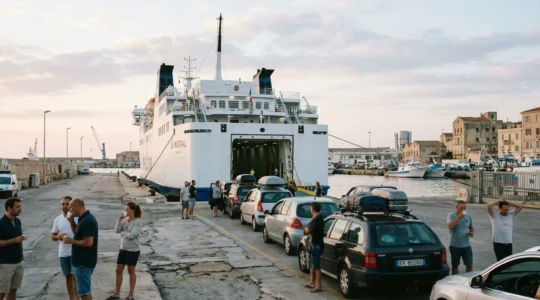 Ferry blanc à quai dans un port méditerranéen avec file de véhicules attendant l'embarquement basse saison