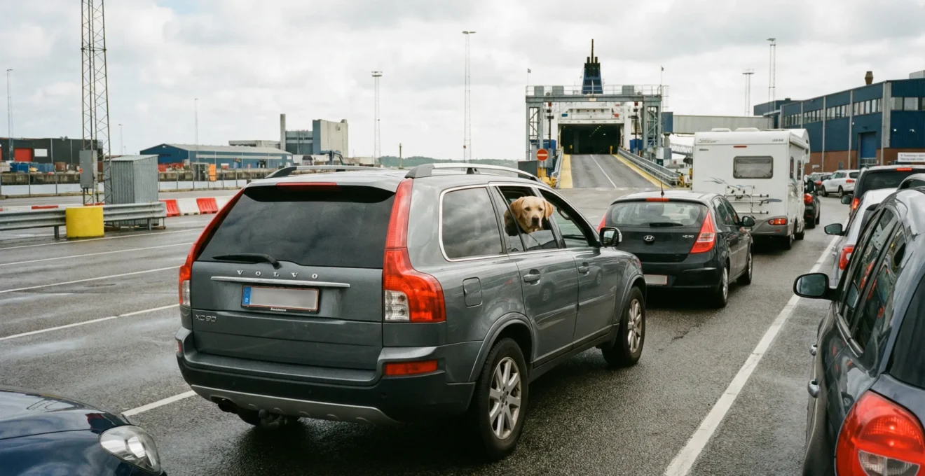SUV familial avec chien regardant par la fenêtre arrière dans la file d'embarquement ferry